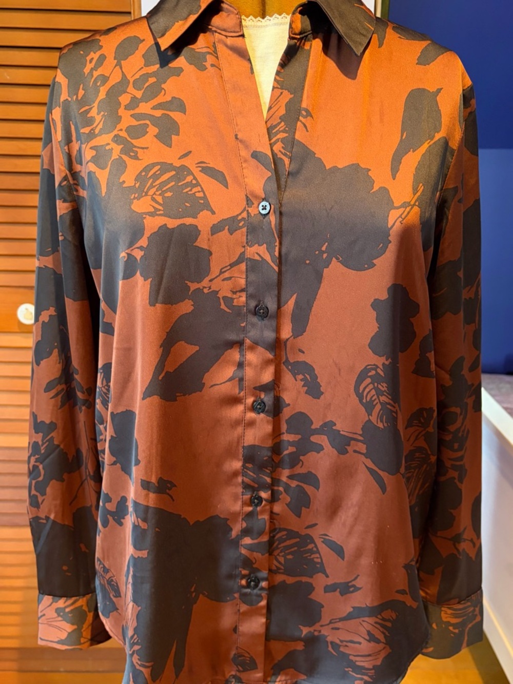Rust & Black Floral Satin Button-Up Blouse by Maison D’Amelie